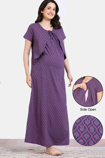 Buy Zivame Maternity Petal Dreams Knit Cotton Full Length Nightdress - Medieval Blue